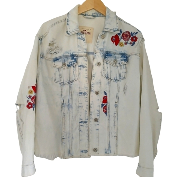 Hollister Jacket Top Destroyed Floral Embroidered Jean Pockets Shacket - Picture 8 of 12